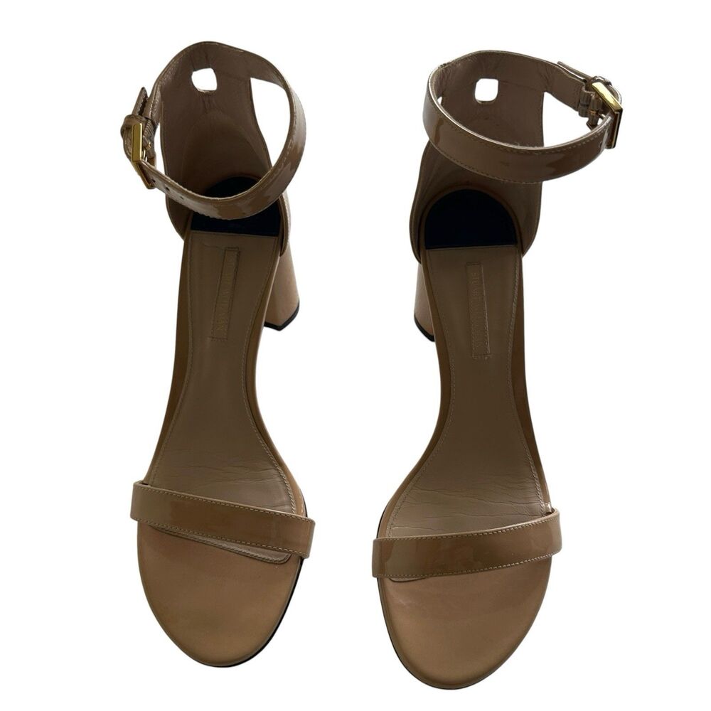 Stuart Weitzman Nudistcurve Sandals Sz 9 Tan Block Heels Patent Leather